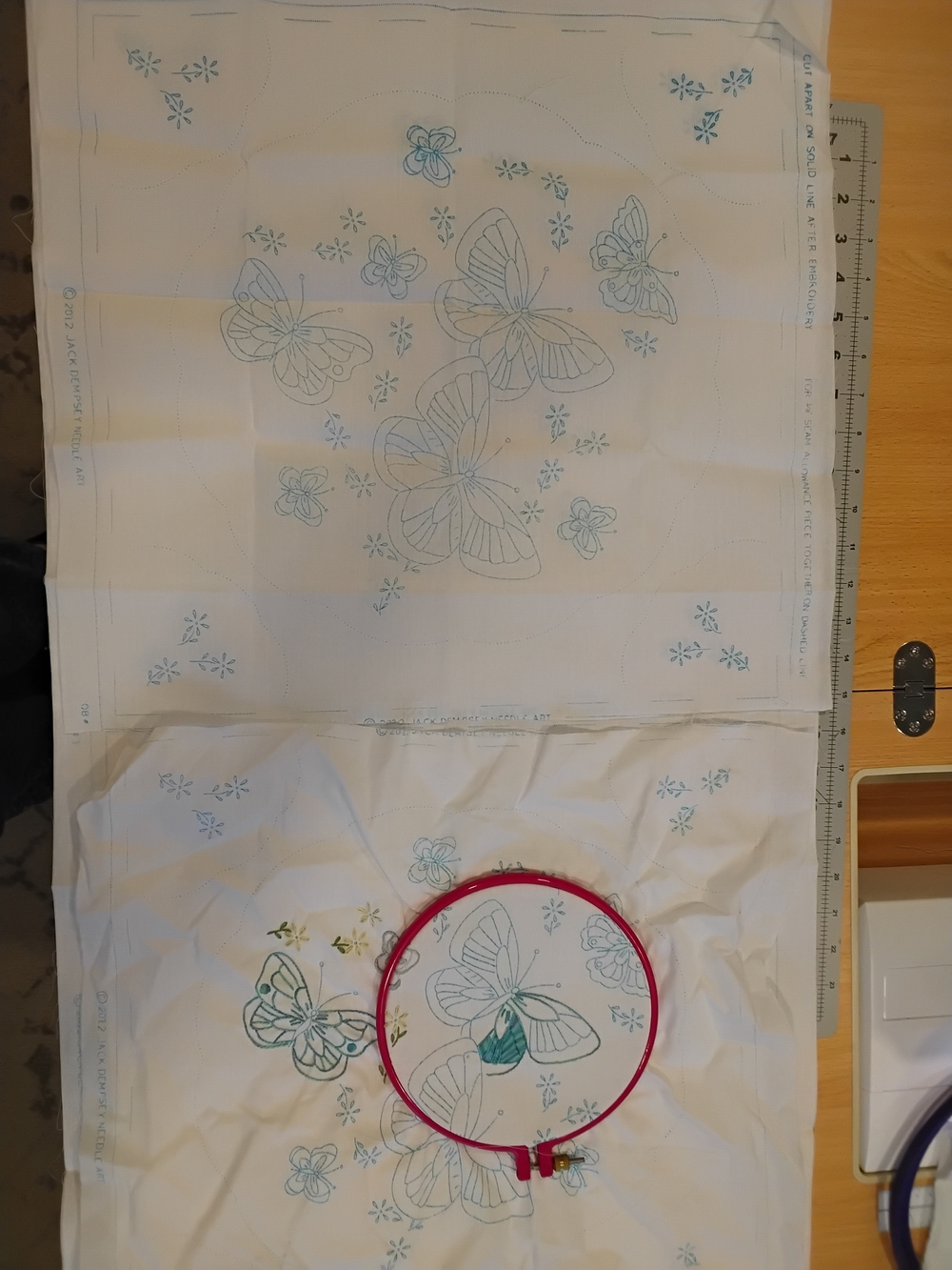 Butterfly Embroidery Panel with Blue-Green Accents